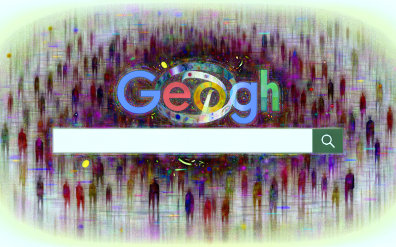 Stilisierte Nahaufnahme der Google-Homepage mit animiertem, verspieltem Doodle, umgeben von Millionen unscharfer Nutzer, Konfetti und digitalen Glitzern. Der Suchbalken steht im Mittelpunkt.