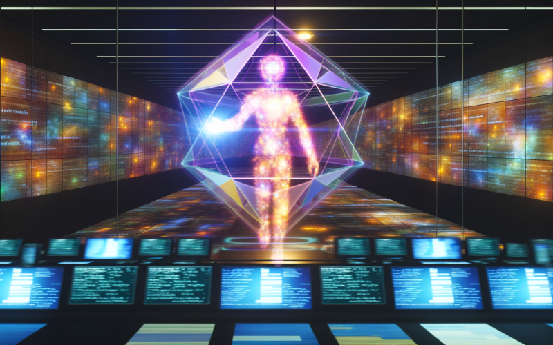 Futuristischer Kontrollraum mit digitalem Interface, KI-Hologramm und Google-Logo, das vielfältige Datenströme visualisiert.