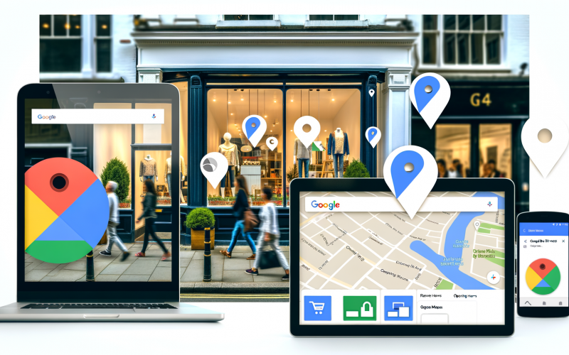 Modernes Schaufenster eines lokalen Geschäfts mit Google My Business-Logo, Smartphone mit Google Maps, Laptop mit Google My Business Dashboard, digitale Icons und Passanten auf einer Stadtstraße.