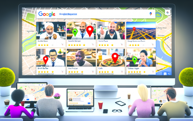 Digitale Illustration einer Google Suchseite mit lokalen Berliner Unternehmenseinträgen, Kartenmarkern, Bewertungssternen und Firmeninfos im modernen Workspace-Design.