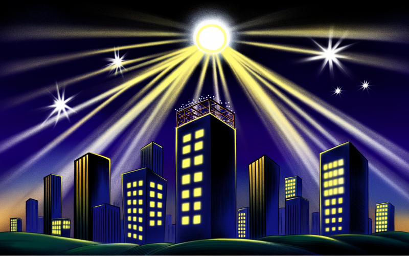 Stilisierte digitale Stadtlandschaft bei Nacht, in der einige hell beleuchtete Webseiten-Wolkenkratzer im Rampenlicht einer Google-Suchbox stehen, während andere im Dunkeln verbleiben.