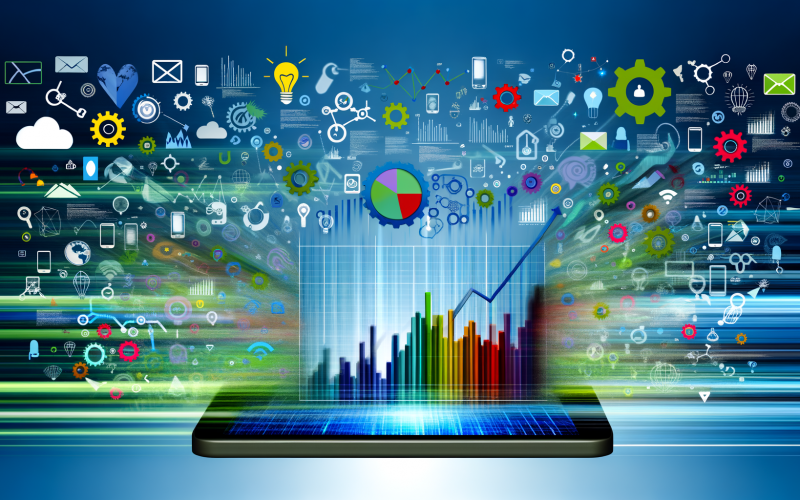 Dynamisches Titelbild mit Smartphone-Display voller Datenkurven, Wachstumsbalken und kreativen Symbolen, umgeben von blauen und grünen Farbtönen.