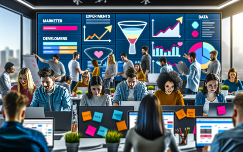 Vielfältiges Team in einem modernen Büro arbeitet gemeinsam an Laptops vor großen digitalen Dashboards mit Datenanalysen und Marketing-Tools.