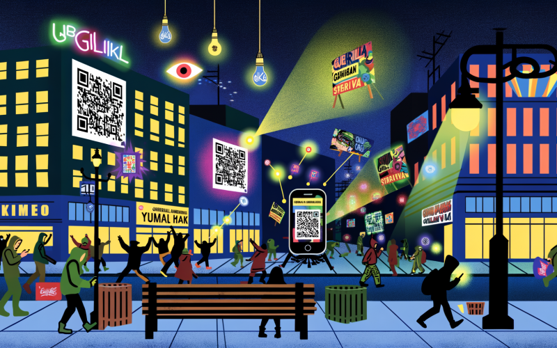 Illustration einer urbanen Straße bei Nacht mit bunten Projektionen, Installationen, Flashmob-Teilnehmern und digitalen Street-Art-Elementen wie QR-Codes und Augmented Reality.
