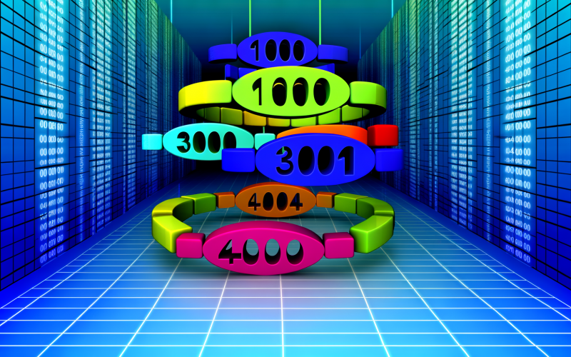 Digitales Rückgrat aus leuchtenden, vernetzten HTTP-Statuscodes 100, 200, 301, 404 und 500 auf einem modernen Technik-Hintergrund mit angedeuteten Browserfenstern und Server-Racks