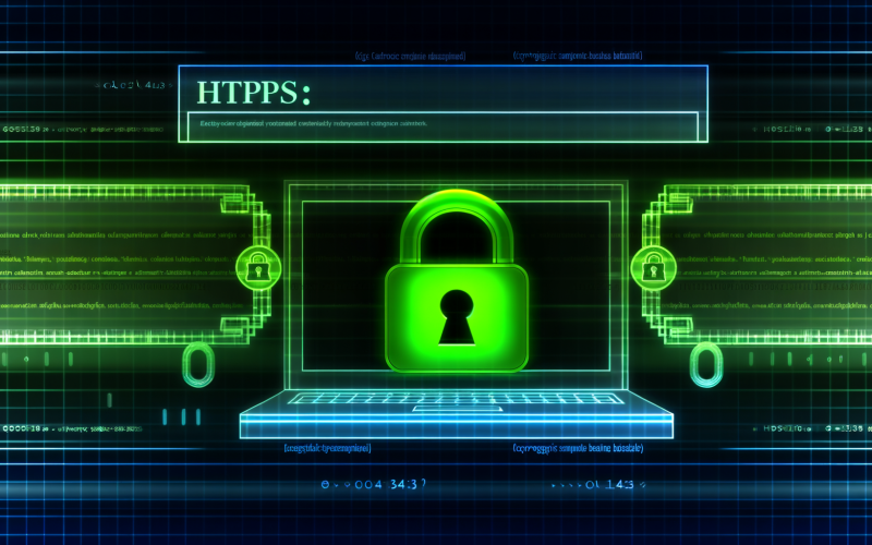 Stilisierte Darstellung einer sicheren HTTPS-Verbindung mit grünem Schloss, Browser-Adressleiste, verschlüsselten Datenströmen zwischen Laptop und Webserver, digitalen Zertifikaten und kryptografischen Symbolen.