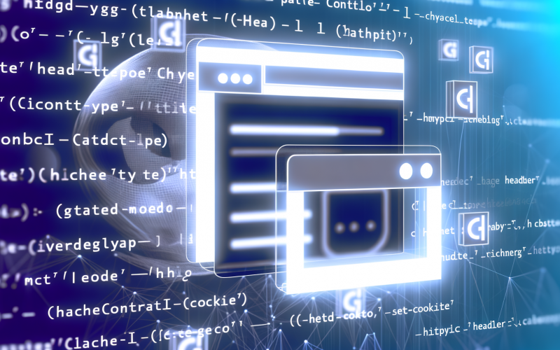 Moderne, abstrahierte Illustration einer Webseite mit Page Header, Navigationsmenü, Hero-Bild, schwebenden HTML-Tags und symbolischen HTTP-Header-Datenpaketen.