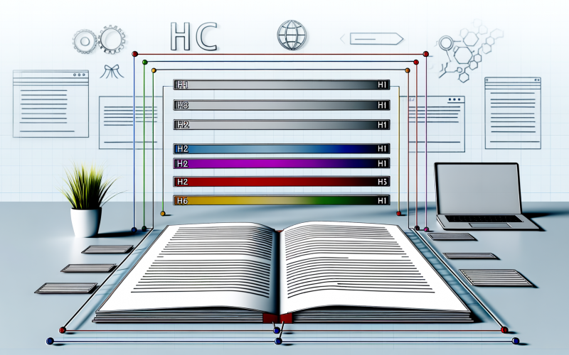 Geöffnete, in Schichten unterteilte Webseite mit deutlich markierten Header-Tags und farbigen Verbindungslinien, im Hintergrund dezente SEO-, Google- und Crawler-Symbole. Laptop und digitales Whiteboard sorgen für einen modernen, technischen Look.