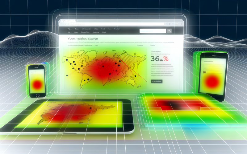 Moderne Website mit klarer Gestaltung, überlagert von einer Heatmap mit Hotspots in Rot und Gelb; verschiedene Geräte präsentieren individuelle Heatmap-Visualisierungen, im Hintergrund sind Datenpunkte und Analyse-Icons erkennbar.