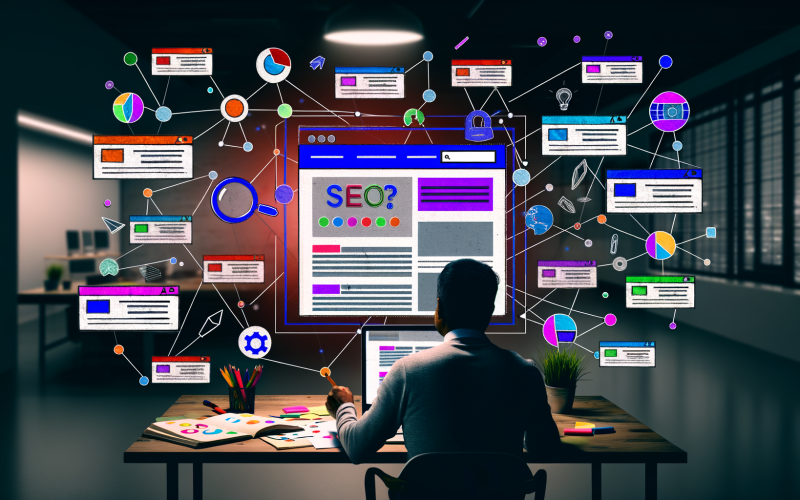 Flat-Design-Illustration eines modernen Magazins mit strukturierter Webseite, Keyword-Karten, thematischen Clustern und kreativ arbeitendem Menschen im digitalen Workspace samt SEO-Elementen.