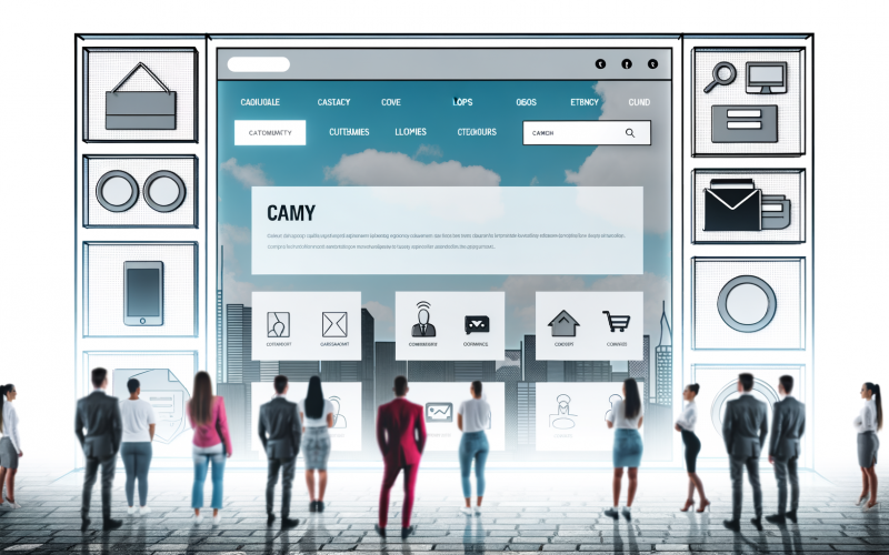 Modernes Schaufenster mit luxuriösem Display, auf dem eine minimalistische Homepage zu sehen ist, umgeben von beeindruckten Geschäftsleuten vor einer digitalen Stadtsilhouette.