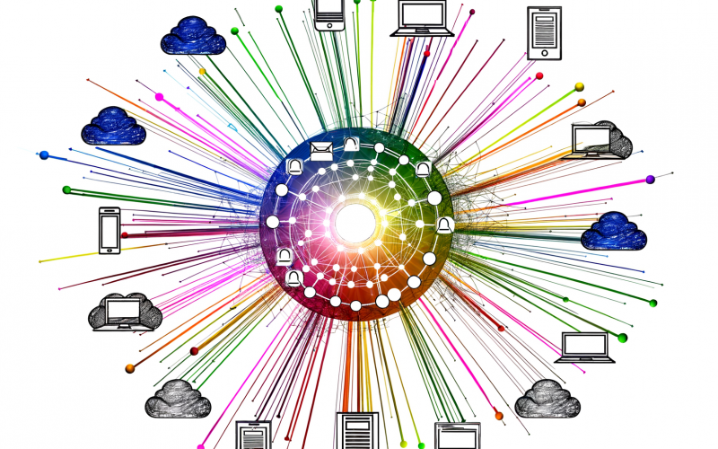 Moderne Illustration eines digitalen Hubs mit strahlendem Mittelpunkt, vernetzten Knoten und verschiedenfarbigen Datenströmen zu Symbolen für Cloud, Laptop, Smartphone und Dokument.
