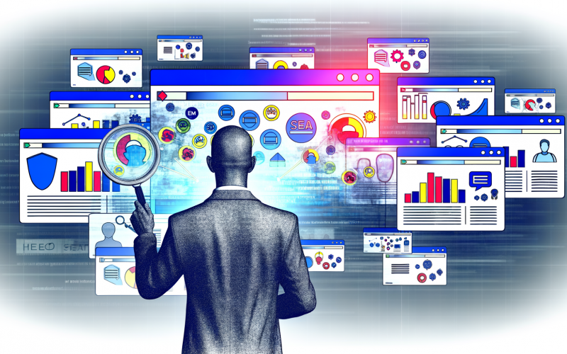 Stilisierte Darstellung eines digitalen Marketers vor Bildschirmen mit Impressions, SEO-, SEA- und Social-Media-Symbolen, klaren und verschwommenen Elementen zur Verdeutlichung von Sichtbarkeit und Interaktionen.