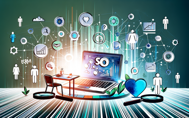 Moderne Illustration eines Schreibtischs mit Laptop, SEO-Grafiken, Content-Bausteinen und schwebenden Symbolen für SEO, Kundenbindung, Social Media, Automation und CRM, umgeben von Menschen im digitalen Farbkonzept.