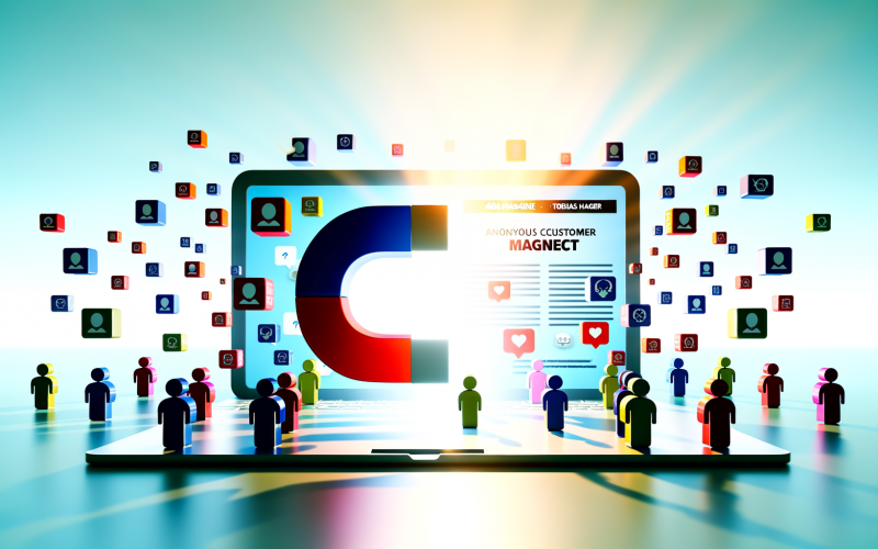 Modern gestaltetes Magnetfeld mit Laptop, digitalen Content-Symbolen und leuchtenden Kunden-Avataren, die angezogen werden.