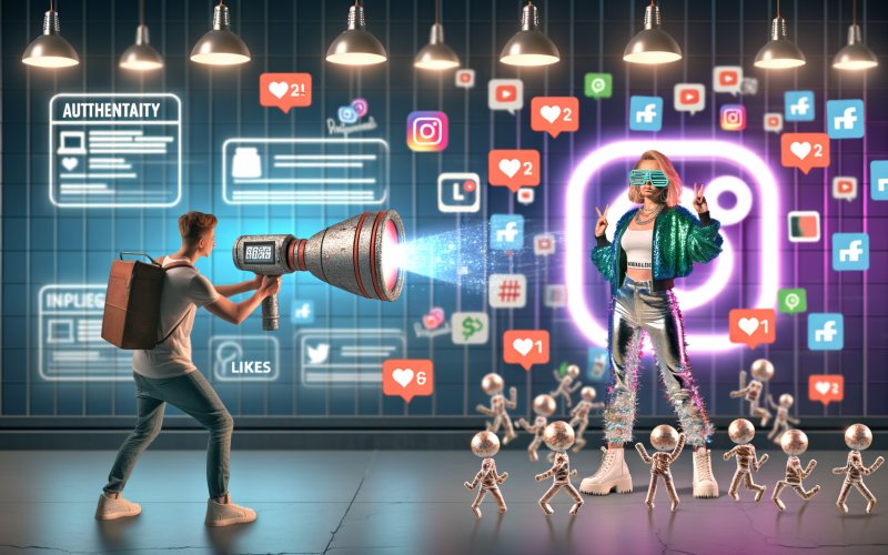 Moderner Marketer in Streetwear scannt einen posenden Influencer vor einer bunten Social-Media-Kulisse mit Follower-Avataren, Likes und digitaler Stadt im Hintergrund.