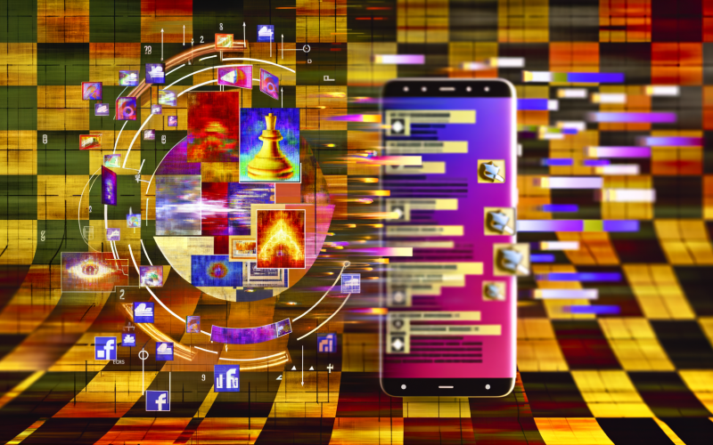 Collage mit Instagram-Feed auf Handys, verschiedenen Werbeformaten und schwebenden Icons für Datenanalyse; Schachbrettmotiv im Hintergrund für Strategie.