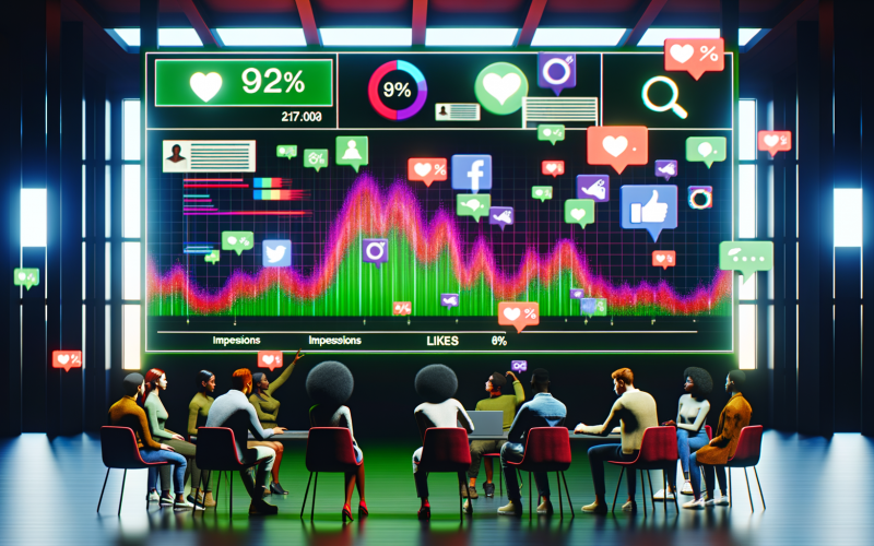 Social-Media-Kontrollraum mit großem Bildschirm, Interaktionsdiagrammen und Menschen, die Social-Media-Statistiken analysieren