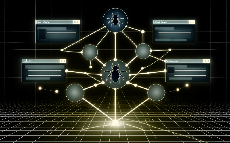 Moderne Website als Netzwerk dargestellt mit zentraler Startseite, verzweigten Kategorien, hervorgehobenen Pillar Pages, leuchtenden internen Links, Googlebot-Spinne und dezenten SEO-Lichtpunkten.