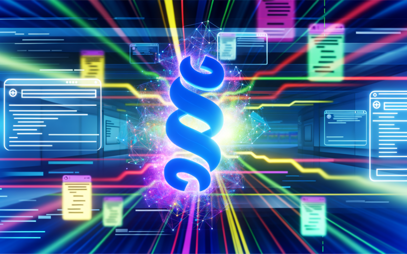 Dynamisches Titelbild mit zentralem, leuchtendem JavaScript-Logo, umgeben von bunten HTML- und CSS-Fragmente, mit schemenhaften, modernen Webanwendungen und Performance-Grafen im Hintergrund.