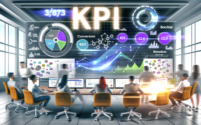 Digitales Büro mit Monitor voller Marketing-KPIs, Marketer arbeiten konzentriert und erfolgreich an Laptops vor Whiteboards, moderner Analyse-Stil, leuchtender KPI-Schriftzug und Kanäle wie SEO, SEA, Social Media und E-Mail sichtbar.