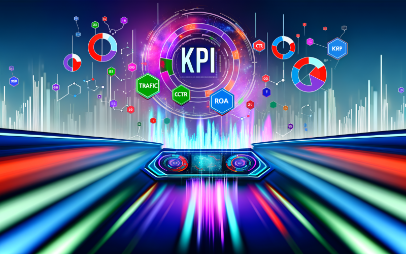 Modernes Cockpit mit digitalen Anzeigen und bunten Dashboards für Online-Marketing, das KPIs wie Traffic, Conversion Rate, CTR und ROAS anzeigt, vor einer Stadt aus Daten und Zahlen mit dem Wort KPI im Zentrum.