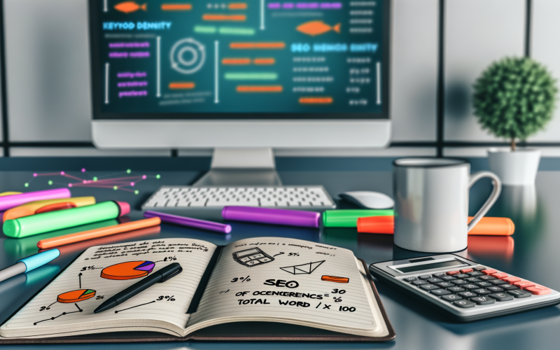 Moderner Schreibtisch mit Notizbuch, aufgeschriebener Keyword-Density-Formel, digitalen Keywords wie SEO und Content, Kaffeetasse, Rechner und im Hintergrund eine laufende SEO-Analyse-Software.