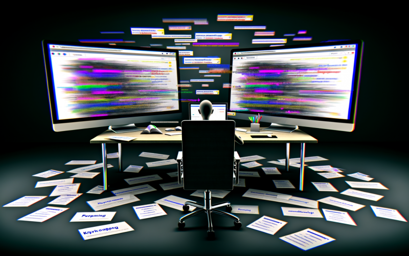 Schreibtisch mit Dual-Monitoren, die SEO-Charts, überlappende URLs und Keyword-Pfeile zeigen, im Vordergrund ein frustrierter Marketer. Papiere zu Keyword-Planung und Content-Strategie liegen verstreut, Google-SERPs leuchten im Hintergrund.