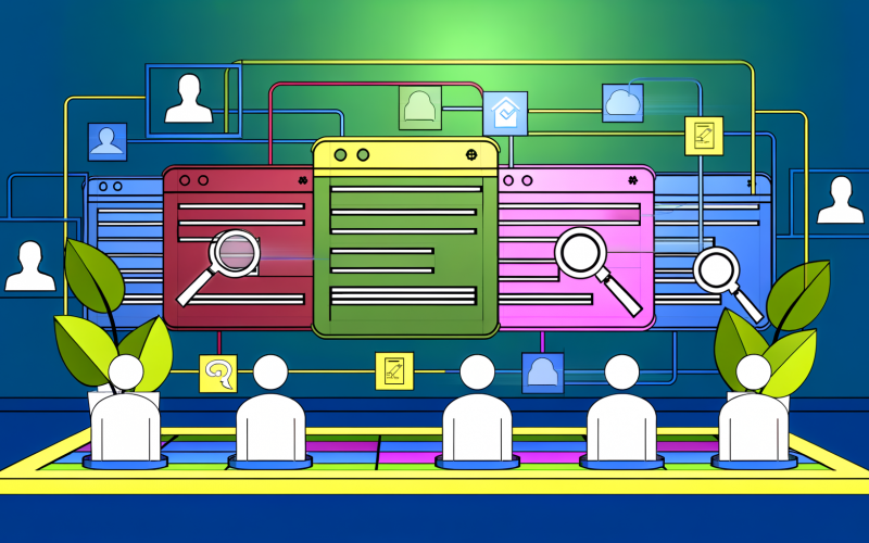 Minimalistische Webseite mit klar abgegrenzten Content-Blöcken, farbigen Keyword-Verbindungen, Suchmaschinen-Icons und Nutzeravatars auf hellem Hintergrund.