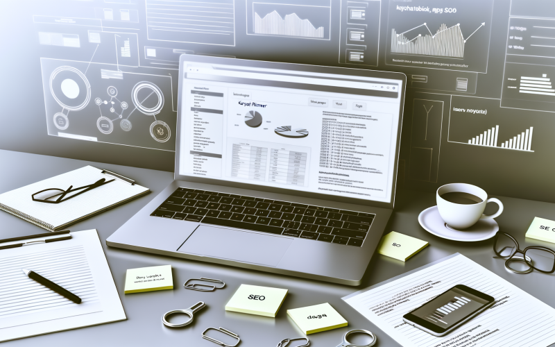 Moderner Schreibtisch mit Laptop, auf dem ein Keyword-Planer-Tool mit Diagrammen und Balkendiagrammen geöffnet ist. Daneben Notizblätter, Smartphone mit Analyse-App, Kaffeebecher und Post-its mit SEO-Notizen. Im Hintergrund digitale SEO- und Daten-Icons.