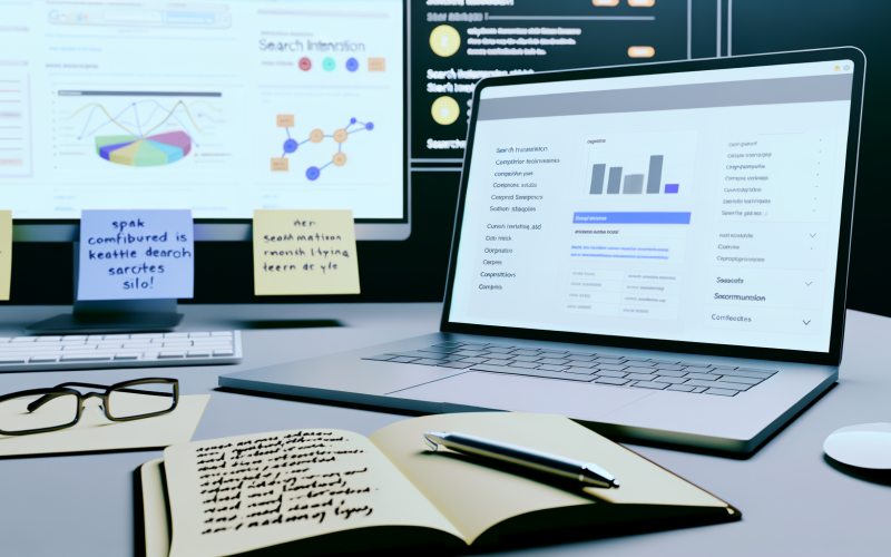 Moderner Schreibtisch mit Laptop, Keyword-Planner-Software, Datenvisualisierungen, Notizblättern und zusätzlichen SEO-Tools auf mehreren Monitoren.