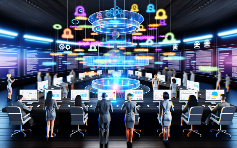 Futuristisch gestalteter Kontrollraum mit Digital-Marketing-Teams an leuchtenden Bildschirmen, umgeben von holographischen Keyword-Wolken, bunten Datenanalysen und digitalen Tools.