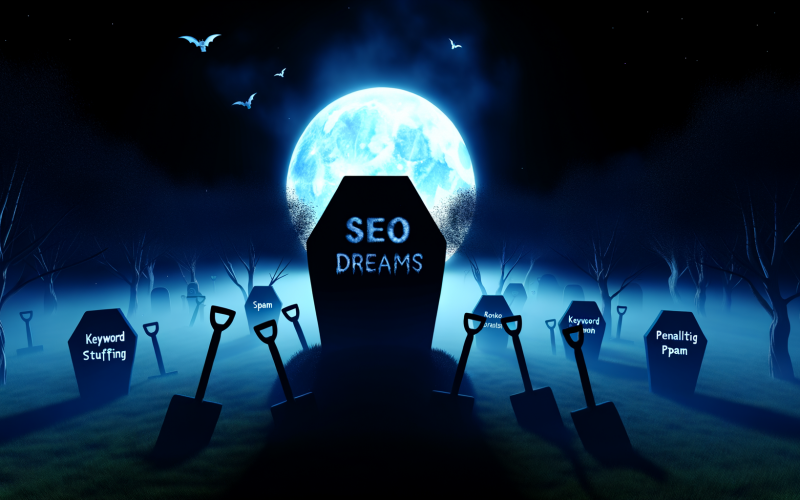 Digitale Illustration eines nächtlichen Friedhofs mit graviertem Grabstein „SEO-Träume“, umgeben von Schaufeln mit SEO-Buzzwords. Im Hintergrund erscheinen verwelkte Google- und Bing-Logos sowie schemenhafte Gestalten als Algorithmen.