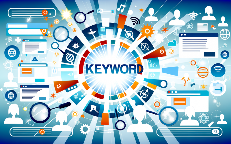 Illustration eines großen Keywords im Zentrum, umringt von digitalen Elementen wie Suchleisten, Webseiten, Diagrammen und Icons von Google, YouTube, Bing und Amazon sowie Nutzersilhouetten, die Begriffe eingeben.