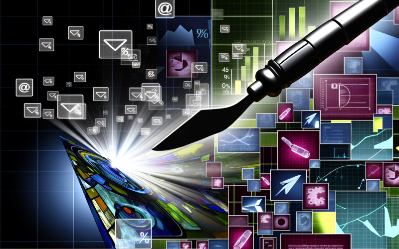 Digitale Skalpell schneidet durch Collage aus Marketing-Charts, Bildschirmen, E-Mail- und Suchsymbolen mit scharfen Neonakzenten