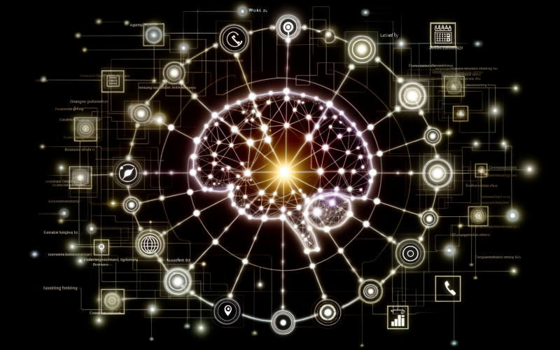 Digitales Gehirn mit Knowledge Graph aus leuchtenden Knoten und Linien, die verschiedene Entitäten und Beziehungen darstellen, auf dunklem High-Tech-Hintergrund.