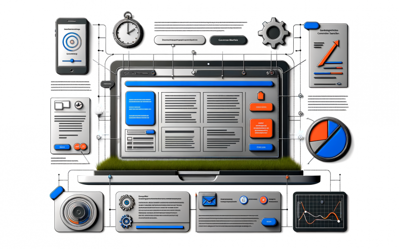 Digitale Illustration eines Desktop-Bildschirms mit moderner Landing Page, auffälliger Headline, Call-to-Action-Button und kurzem Formular; umgeben von Icons für Trust, Analytics, Mobile-Optimierung und Conversion-Rate-Visualisierungen auf klarem Hintergrund.