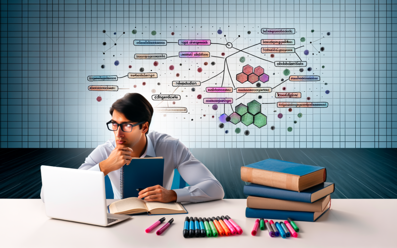 Aufgeräumter Schreibtisch mit Laptop, Notizbuch, Computerlinguistik-Büchern und bunten Markern, dahinter ein Whiteboard mit Matrix-Zerlegung und Clustern sowie eine nachdenkliche Person bei der Wissensarbeit.