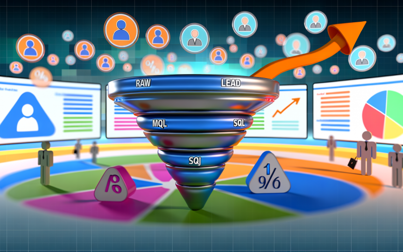 Moderner Marketing-Workspace mit mehreren Monitoren und einer digitalen Funnel-Pipeline, die Leads von persönlichen Daten bis zum erfolgreichen Abschluss segmentiert, umgeben von grafischen Lead-Magneten.