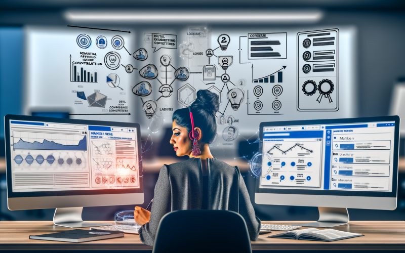 Futuristischer Workspace mit mehreren Monitoren, die Datenvisualisierungen, Conversion-Raten und E-Mail-Listen zeigen. Im Zentrum sitzt eine Person vor digitalen Vertriebssystemen und CRM-Tools, dahinter schematisch gezeichnete Marketing-Funnels und Content-Symbole.