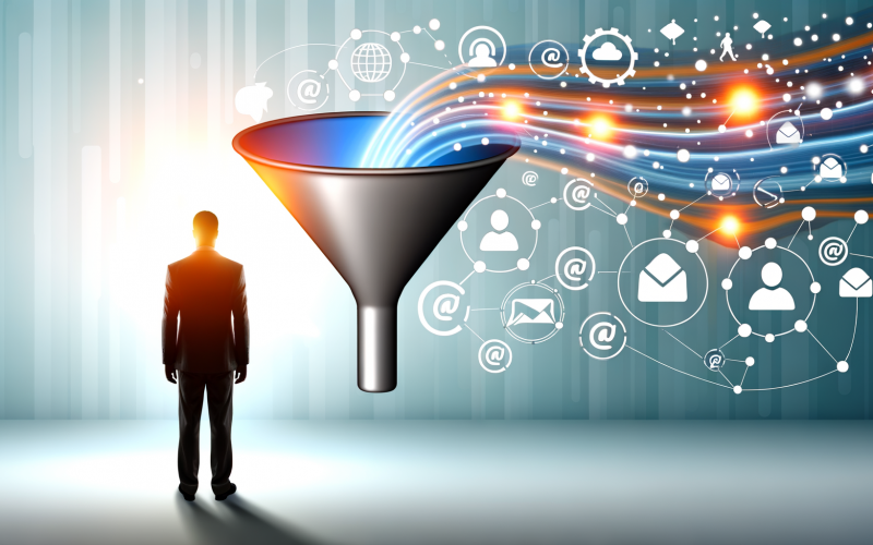 Menschliche Silhouette in einem modernen Büro, vor einem leuchtenden Trichter mit digitalen Symbolen wie E-Mails, Chats, Diagrammen und Avataren, verbunden durch schwebende Datenpunkte.