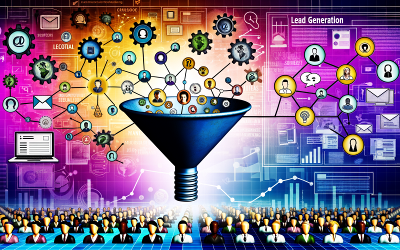 Digitale Collage mit Trichter, der verschiedene Kunden-Avatare und Kontaktdaten wie E-Mails und Visitenkarten aufnimmt, umgeben von Symbolen für Strategie, Technologie, Psychologie und Analytik, im Hintergrund digitale Marketingelemente wie Laptops und Social-Media-Logos.