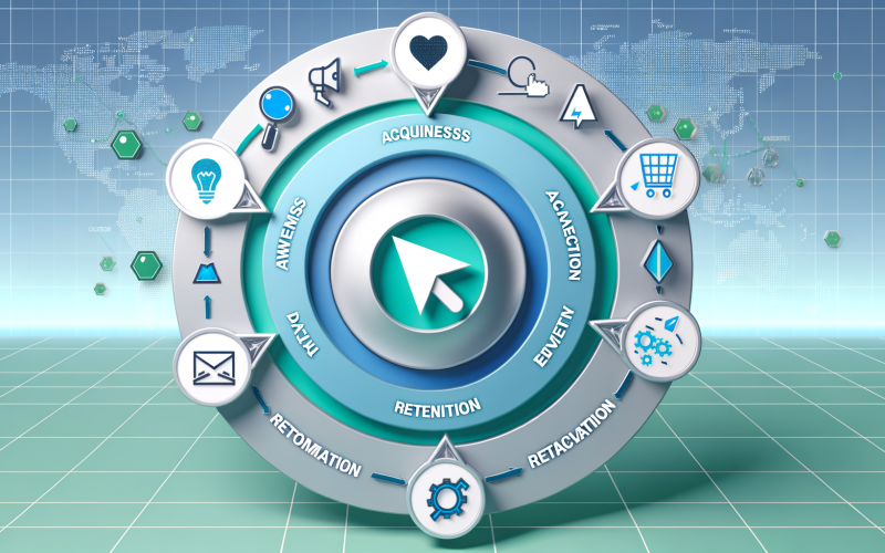 Stilisierte Flat-Design-Infografik zeigt den Lifecycle Marketing Kreis mit sechs Segmenten, passenden Icons und digitalen Technologien im modernen Look auf blau-grünem Hintergrund.