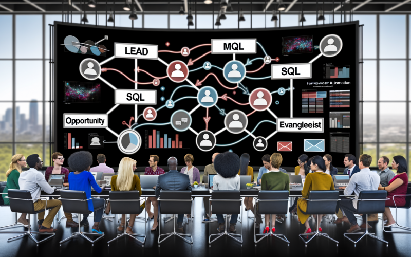 Moderne Arbeitsumgebung mit Marketingteams vor großem digitalen Dashboard, das verknüpfte Customer Journey Stufen und datengetriebene Automatisierungen zeigt.