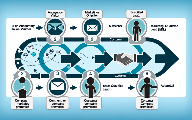 Infografik mit den Phasen des Customer Lifecycle: Website-Besucher, Subscriber, Lead, MQL, SQL, Opportunity, Kunde und Markenbotschafter, verbunden durch Pfeile und Icons wie Briefumschlag, Handschlag und Megafon, in modernen Blau- und Grautönen.