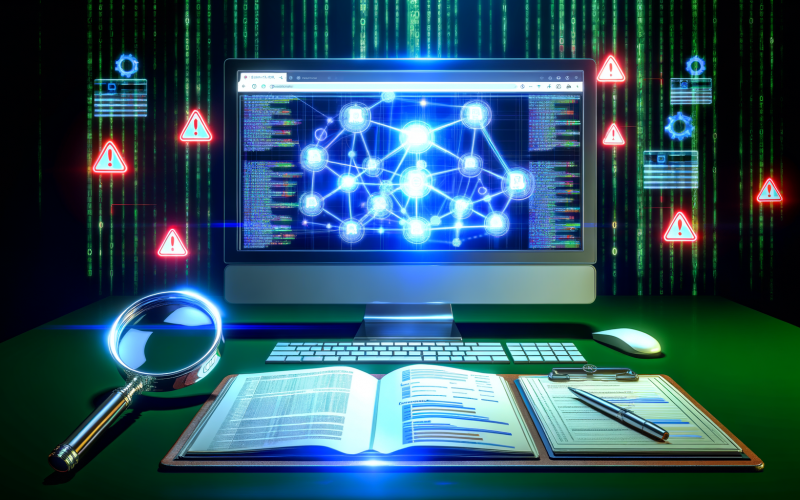 Am modernen Schreibtisch visualisiert ein Desktop-Monitor ein Backlink-Profil als Netzwerkdiagramm, ergänzt durch klassische SEO-Analysewerkzeuge und Hinweise auf Chancen und Risiken.