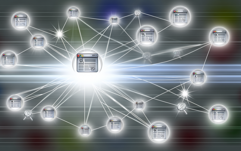 Illustration eines Netzwerks mit zentraler Website, hellen Linien zu hochwertigen Seiten und ausgegrauten Linien zu irrelevanten Quellen, ergänzt durch technische Symbole vor digitalem Hintergrund.