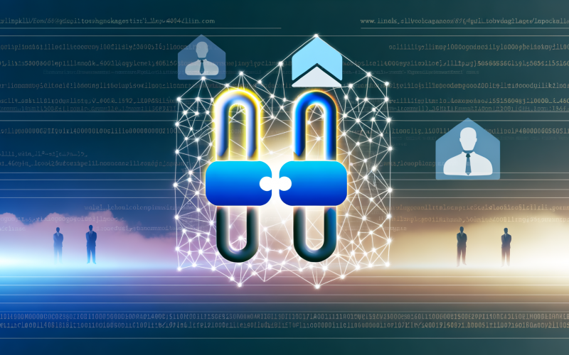 Collage einer leuchtenden digitalen Link-Kette als Brücke zwischen Google und einer Business-Website mit fließenden Daten und Zahlen, algorithmischem Code im Hintergrund und einem subtilen Black-Hat-Schatten.