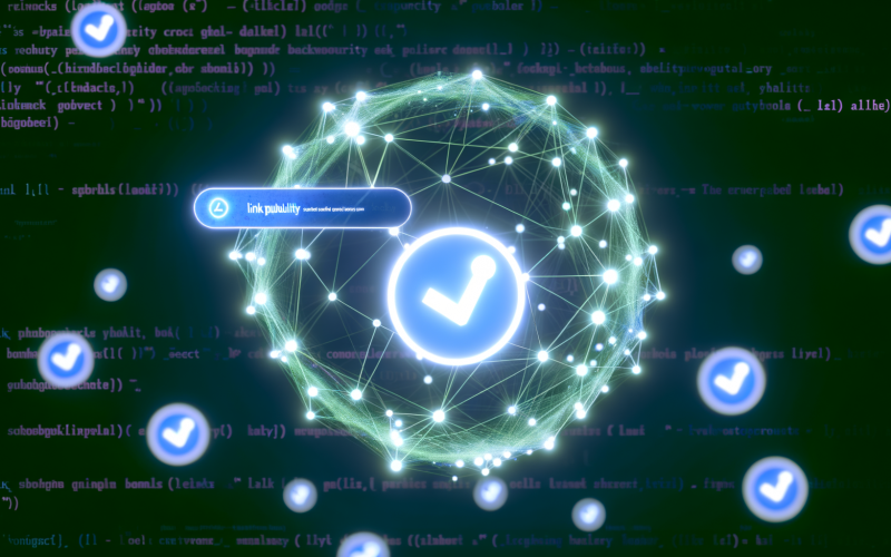 Abstrahierter Globus mit leuchtenden Netzwerkpunkten und Verbindungslinien als Symbol für Weblinks, darüber tech-inspirierter Schriftzug zu Linkpopularität. Im Hintergrund verschwommene Codes und Webseiten-Thumbnails, moderne Farbpalette in Blau, Weiß und Neon-Grün.