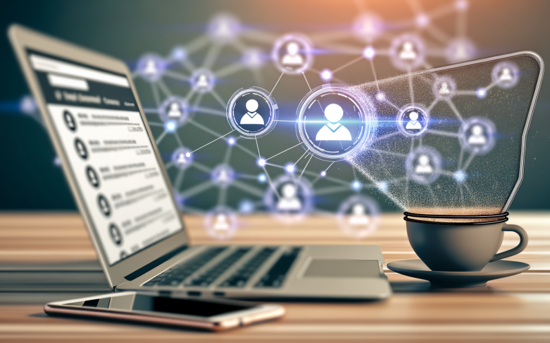 Moderner Schreibtisch mit Laptop, E-Mail-Marketing-Dashboard, Smartphone, Kaffeetasse und digitalen Leads im Hintergrund.